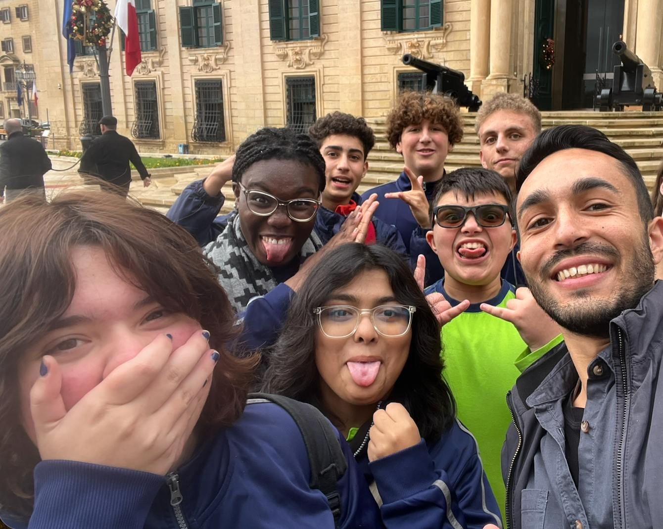 Luke Fenech with students in Valletta during an educational outing