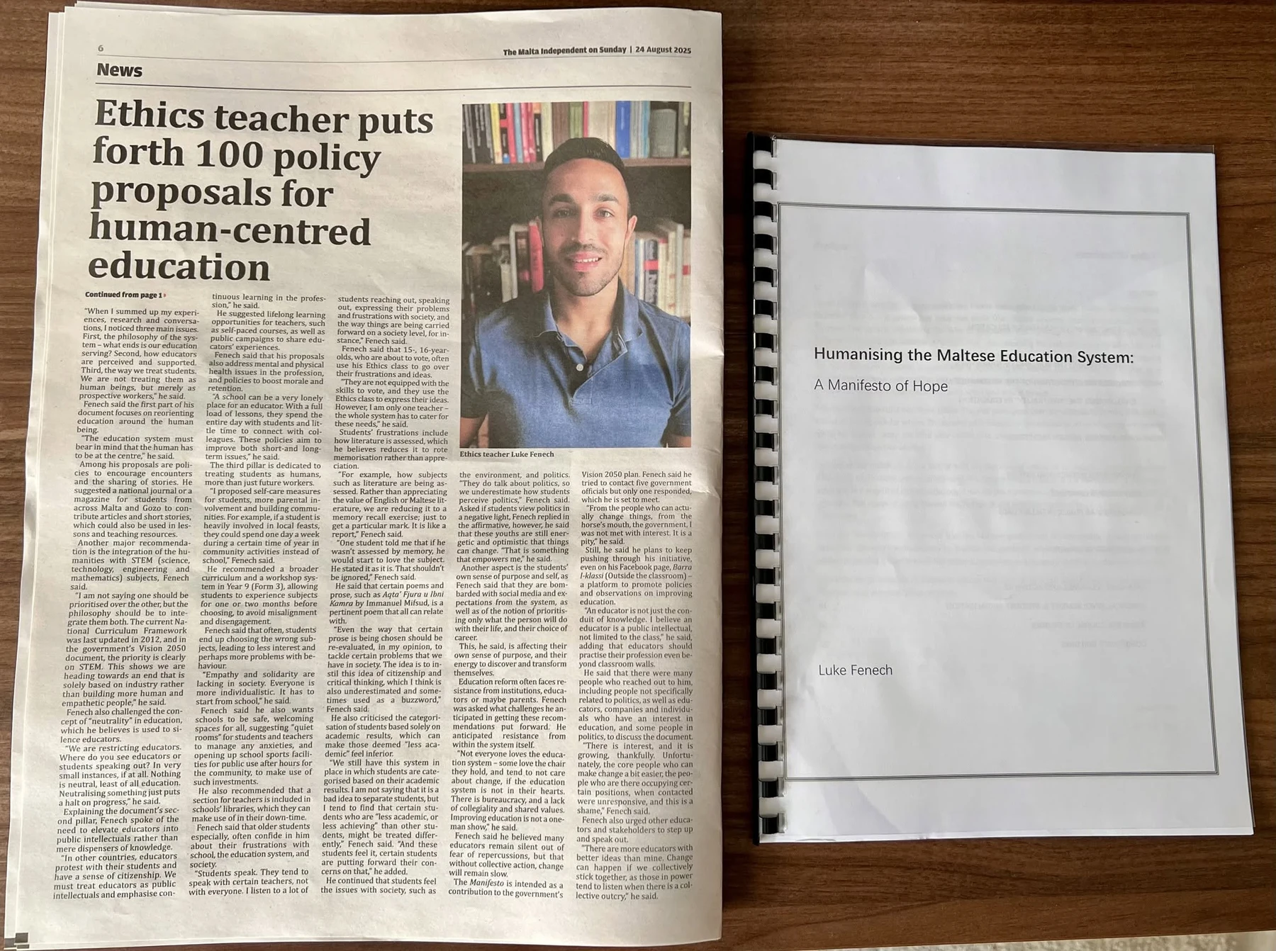 Newspaper feature beside Humanising the Maltese Education System: A Manifesto of Hope